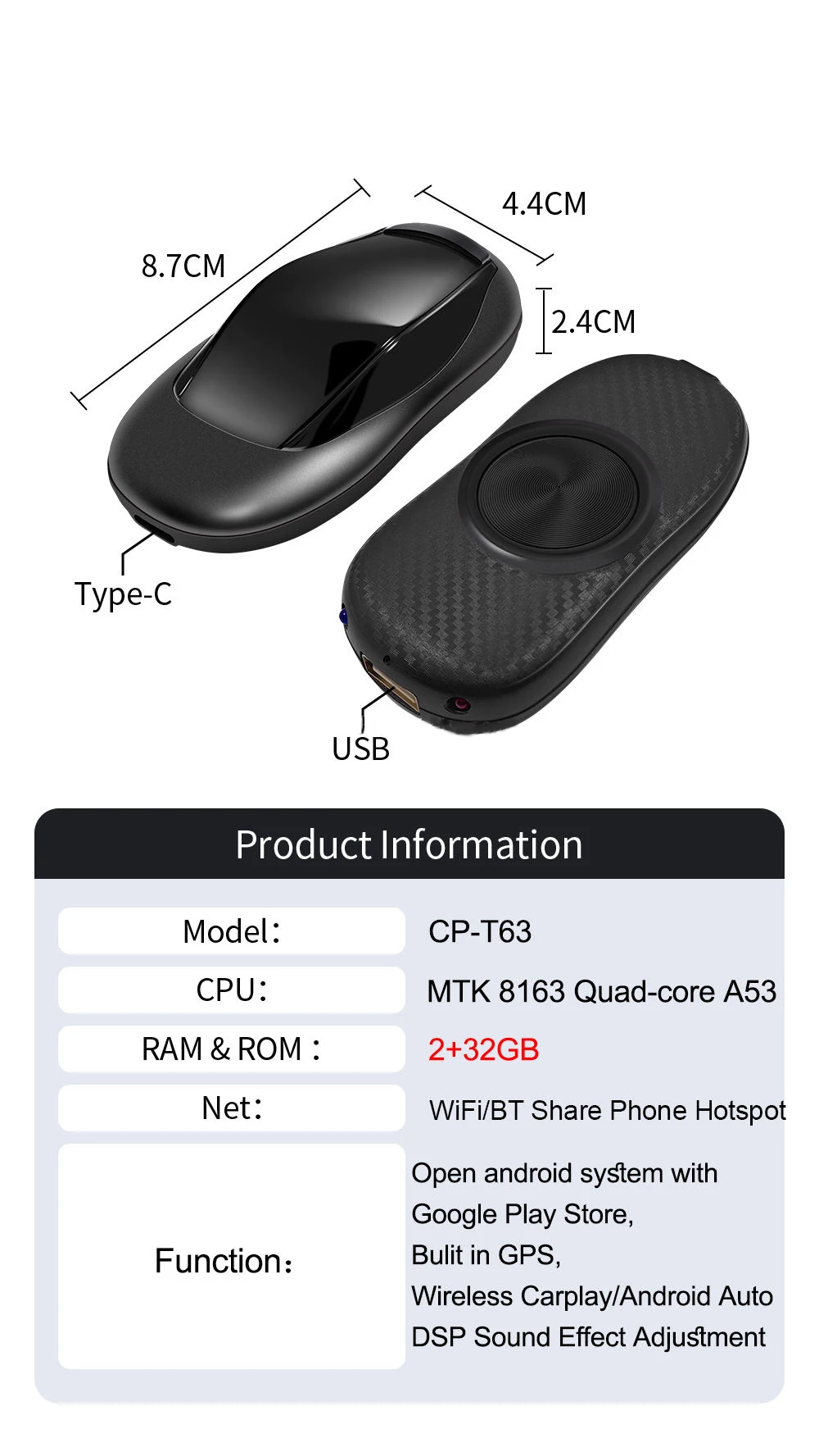 CarPlay Ai Box converts T63 2+32GB Mini Carplay Wireless Carplay Android Auto GPS Navigation