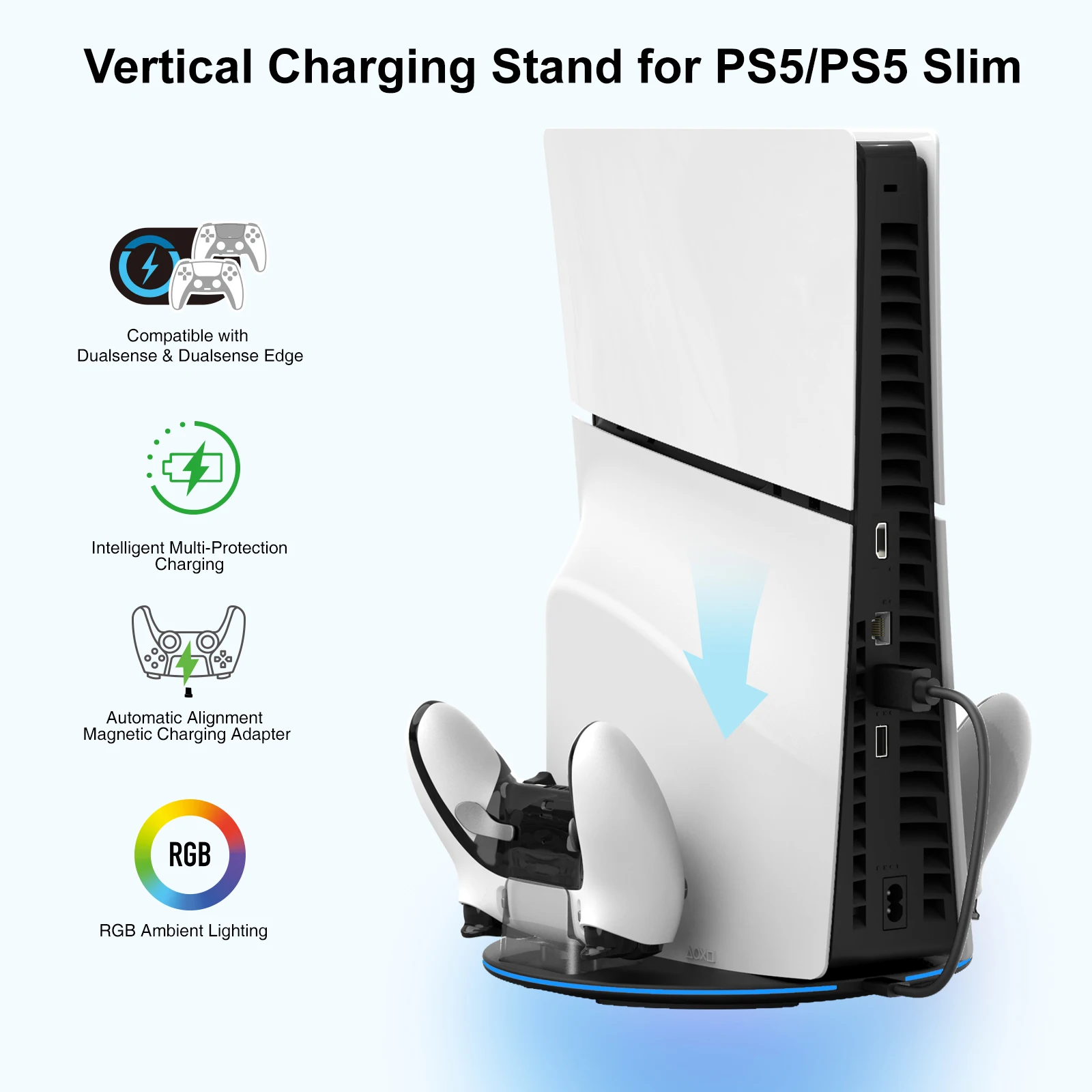 Multifunctional Atmosphere Light Charging Dock Stand Type-C Controller Charger for PS5 Slim Console Vertical Cooling Stand