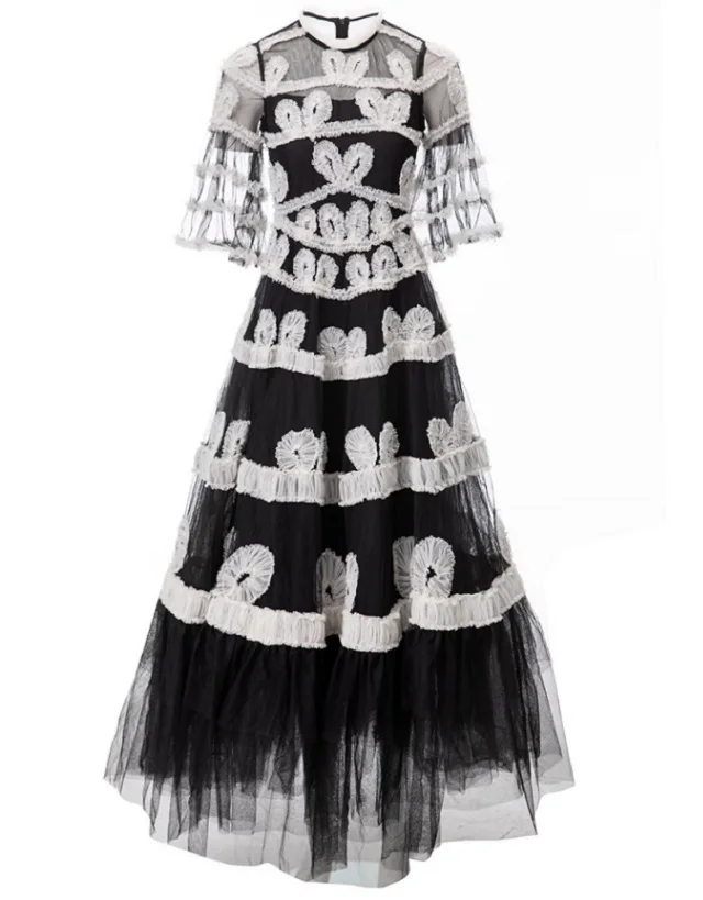 XXXXL Evening Long Dress 2024 Spring Summer Special Occasion Women Allover Appliques Embroidery Sexy Tulle Mesh Prom Gown Dress