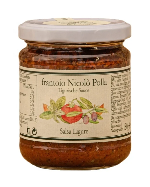 Delicious Italian pasta sauce: Tomatoes with Taggiasca olives, capers and extra virgin olive oil 180g  by Polla since 1875