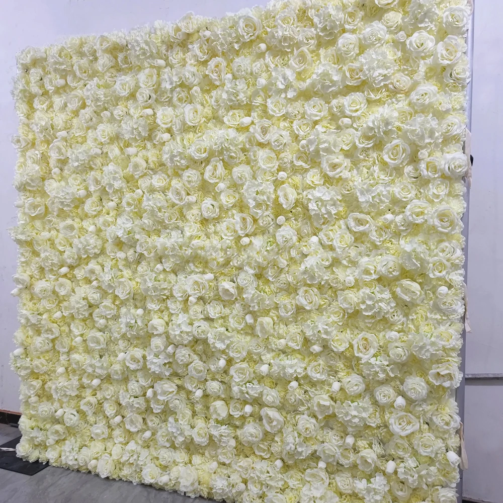 Artificial Silk Flower Wall Cream White Rose Hydrangea 8ft x 8ft Roll Up Birthday and Wedding Decorative Flower-Wall-Backdrop