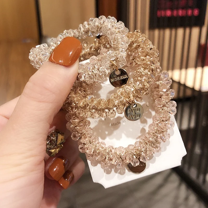 Women girls fashion crystal rhinestones scrunchie elastic rubber band hair tie accessories pearl scrunchies