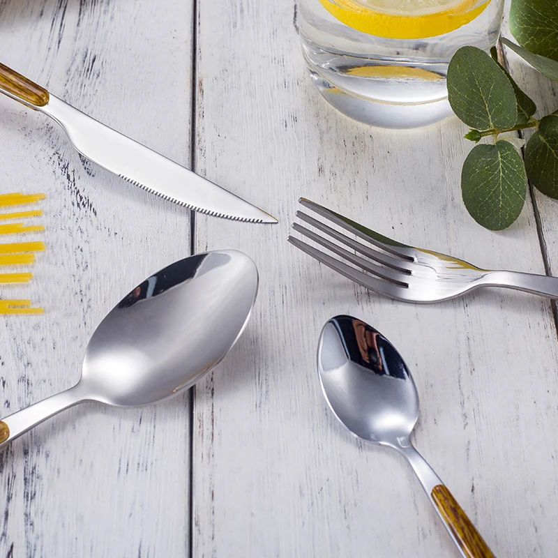 16PCS Western Portable Wood Grain Handle Flatware Stainless Steel Spoon And Fork Set