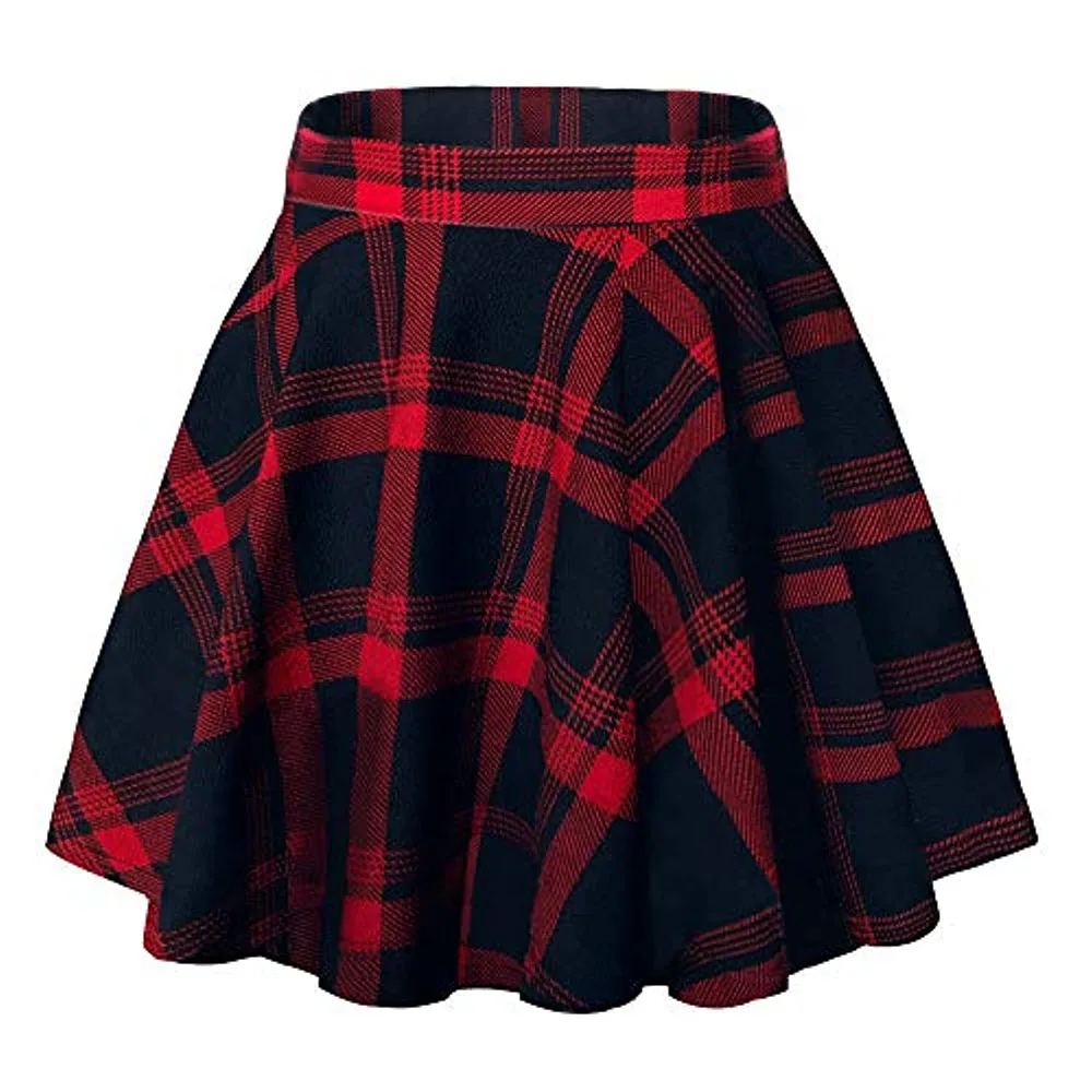 Shinesia women skirts plus size basic style elastic plaid comfortable casual fashion party dance casual mini skating skirt
