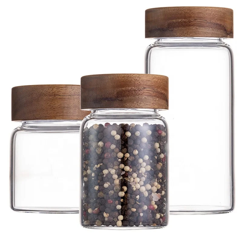 kitchen food canister container 180ml 500ml 1750ml airtight acacia wood lid borosilicate glass storage jars with custom logo