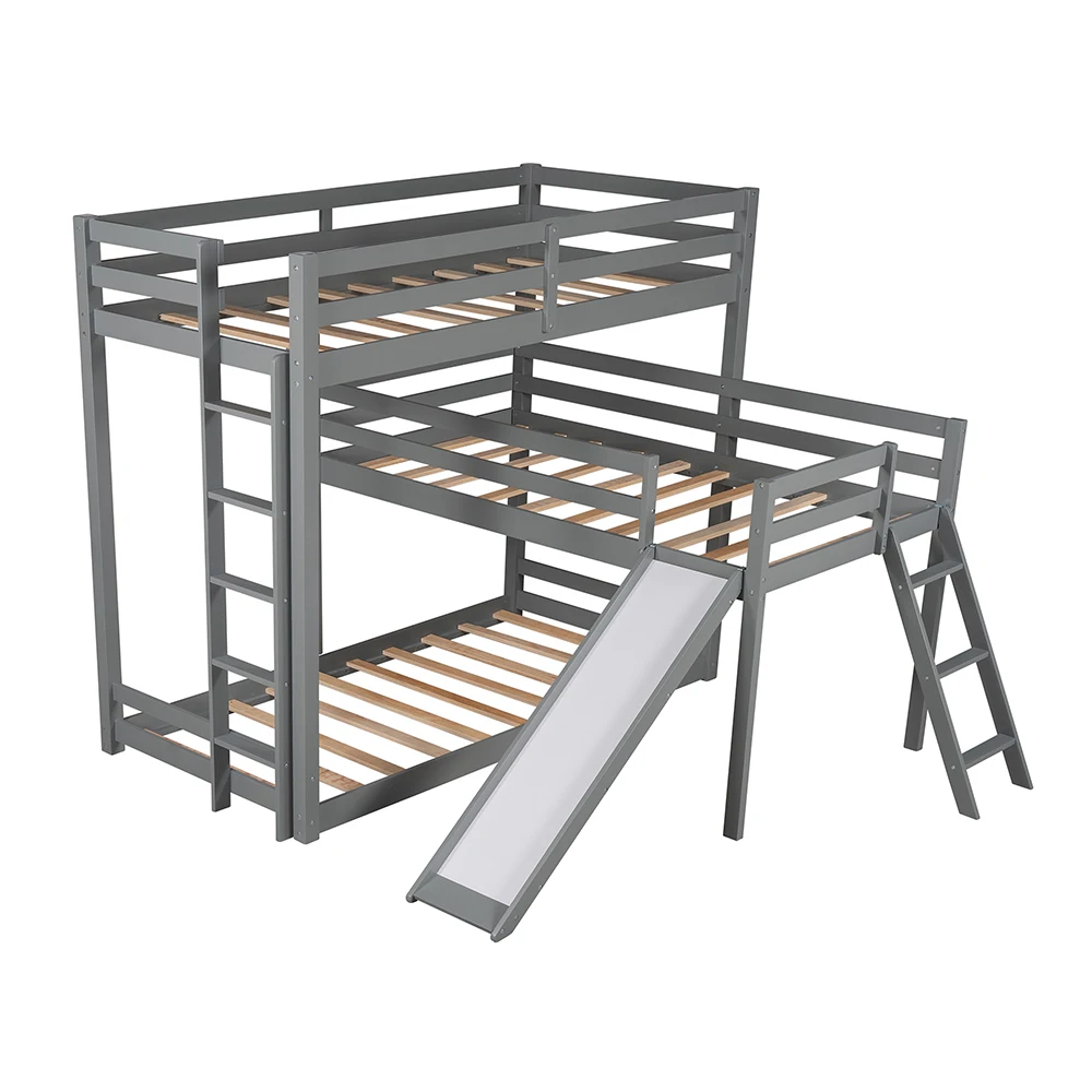 USA STOCK L-shaped Triple Bunk Bed Kid Bunk Bed with Slide and Ladder Furniture Bunk Bed