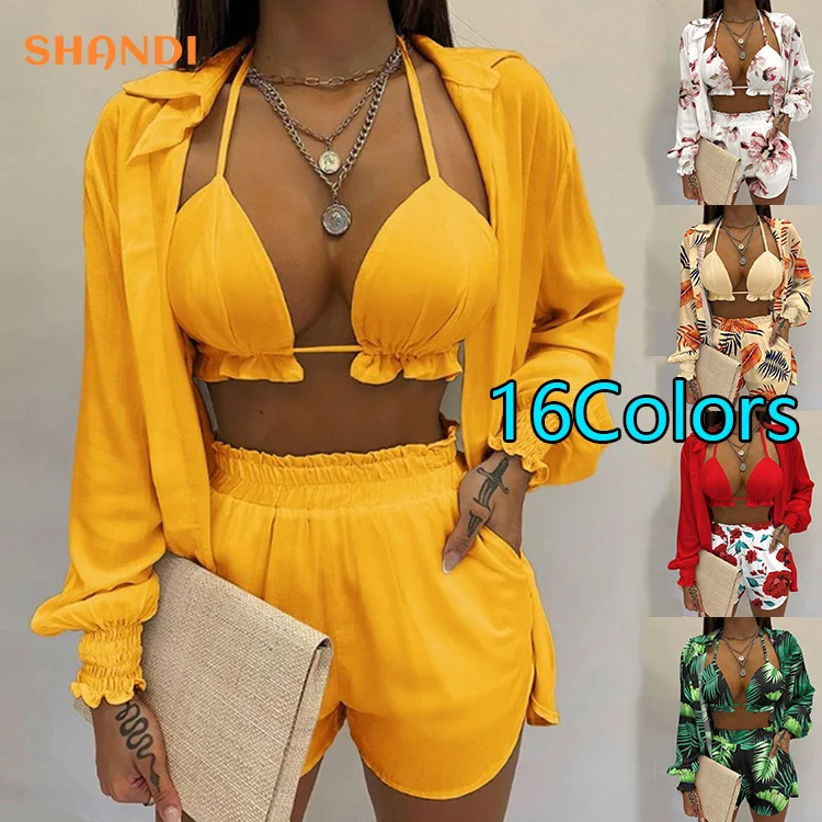 2023 Summer beach wear women 3 piece set bra blouse shorts suit floral printing gradient plain casual three piece set