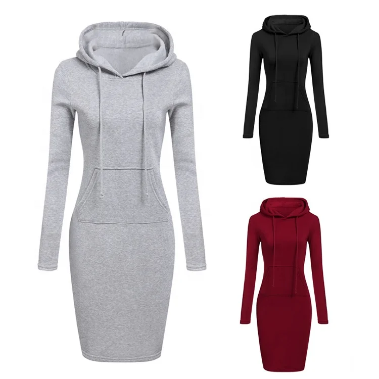 Wholesale Autumn Women Casual Long Sleeve Drawstring Hoodie Sweater Dress With Pocket