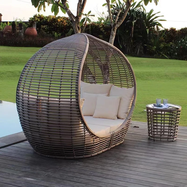 Patio beach thick rattan material pyamidal cocoon shaped chair outdoor wicker daybed outdoor beach lounge chairs