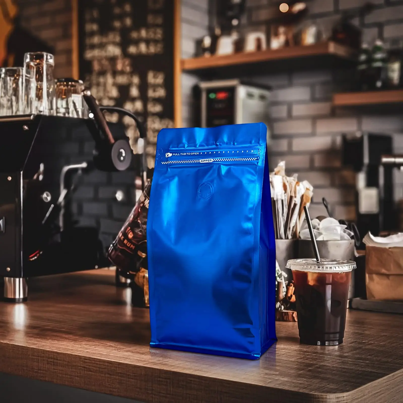 Coffee Bags with Valve Navy Blue High Barrier Aluminized Foil Flat Bottom Standing Coffee Beans Storage Bags