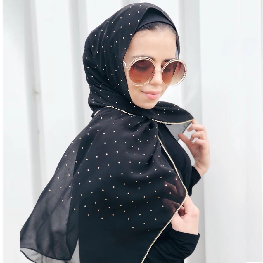 Free shipping Hot sale hijabs scarfs 2020 muslim fashion solid color shiny shawl bubble chiffon scarf hijab with rhinestone