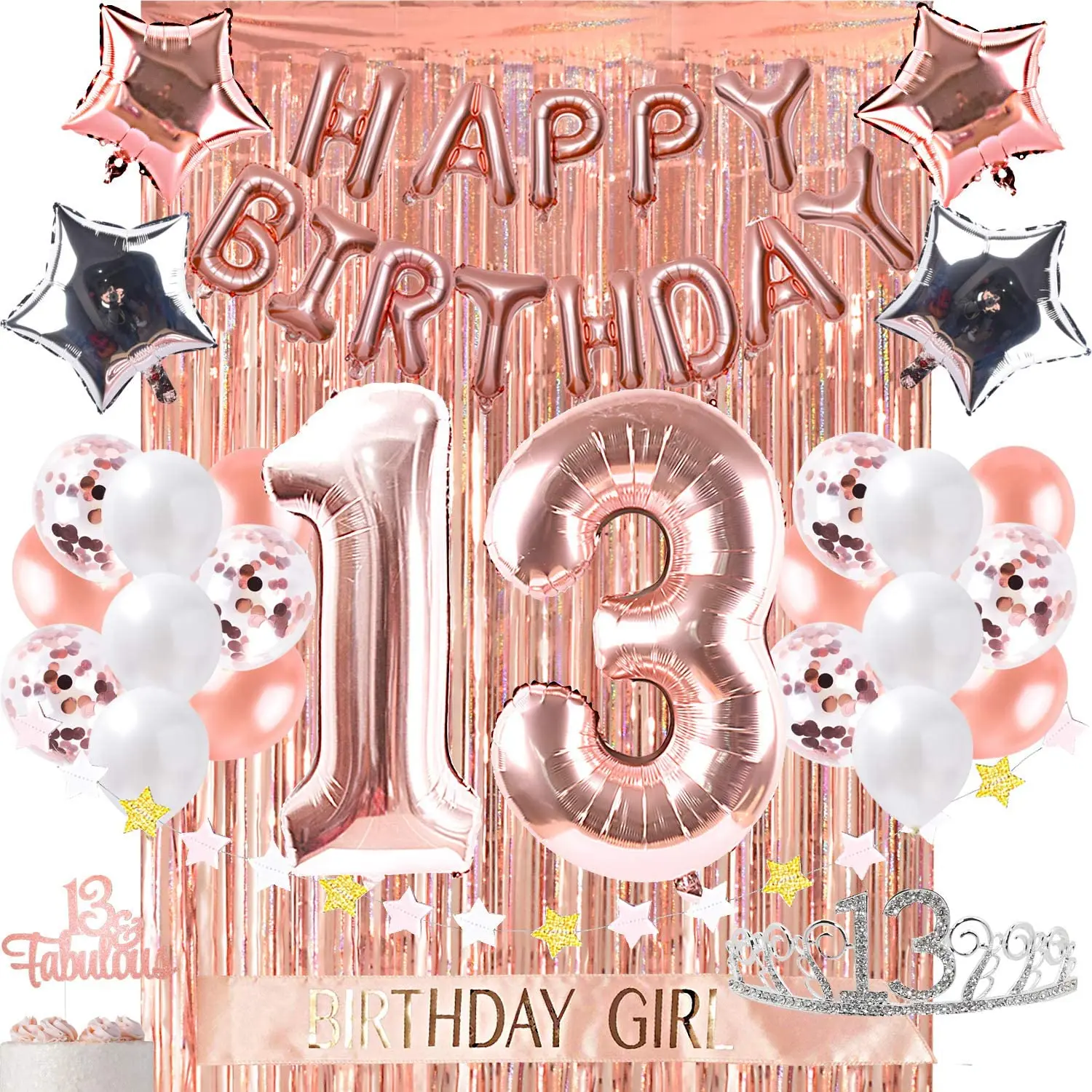 
13th Birthday Party Supplies Cake Topper Confetti Balloons Silver Curtain Backdrop Props Rose Gold Happy Birthday Banner 