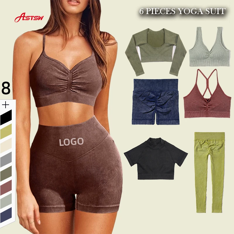 Custom logo Workout Sets Woman Activewear 6 Pieces Seamless Yoga Set Ribbed Fabric High Waisted Shorts Leggings Sport Bra