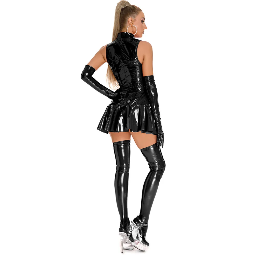 Latest Women Sexy Club Party Short Wet Look Latex Bodycon Dress Hot Black Red Zipper Pu Leather Sleeveless Pleated Mini Dress