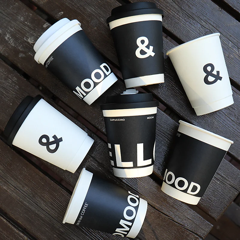 8oz12oz 16oz 20oz Wholesale Customized Black Coffee Paper Cup Disposable Insulated Double Layer Paper Cup For Hot Drink With Lid