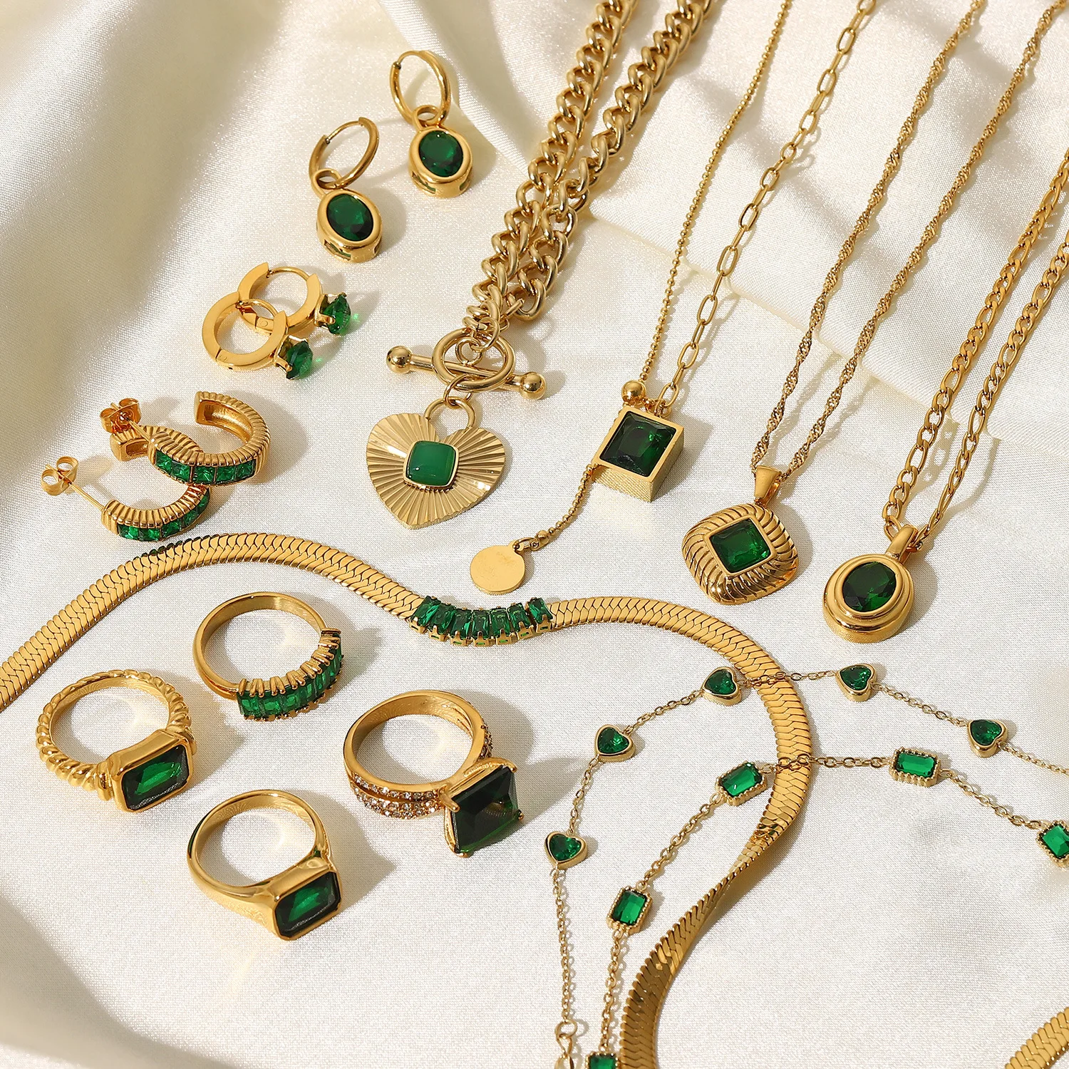 Fashion retro style green zircon necklace earrings bracelet ring ladies stainless steel jewelry