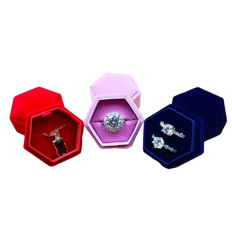Recyclable High End Hexagon Rigid Gift Packaging Custom Velvet Engagement Ring Box For Valentines Day