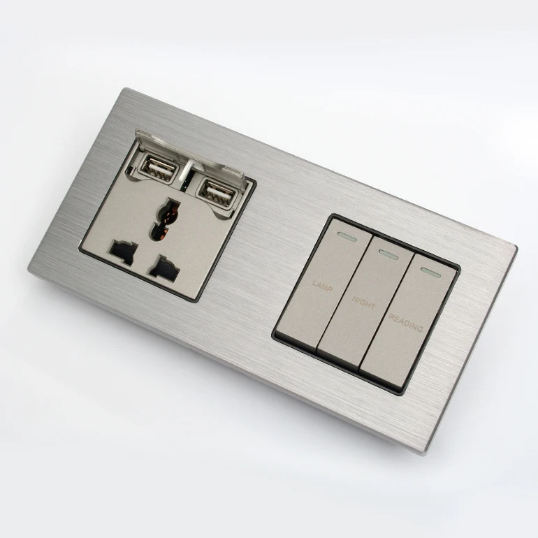 16A silver gray button wall switch, 2-gang modular usb socket switch,