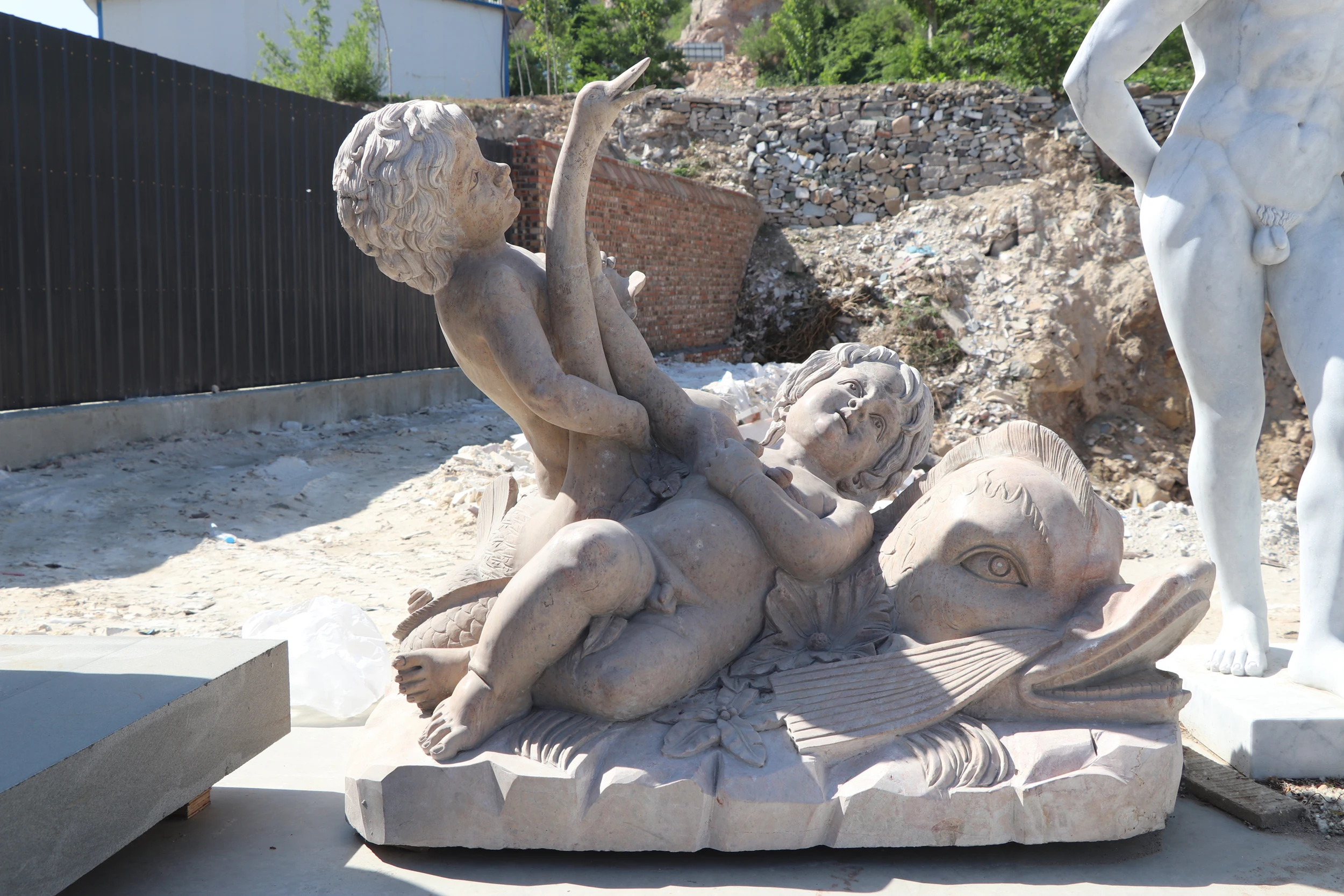 Outdoor Garden Stone Carving Angel Sculpture Nude Kid Boy Marble Statue custom stone display shelf