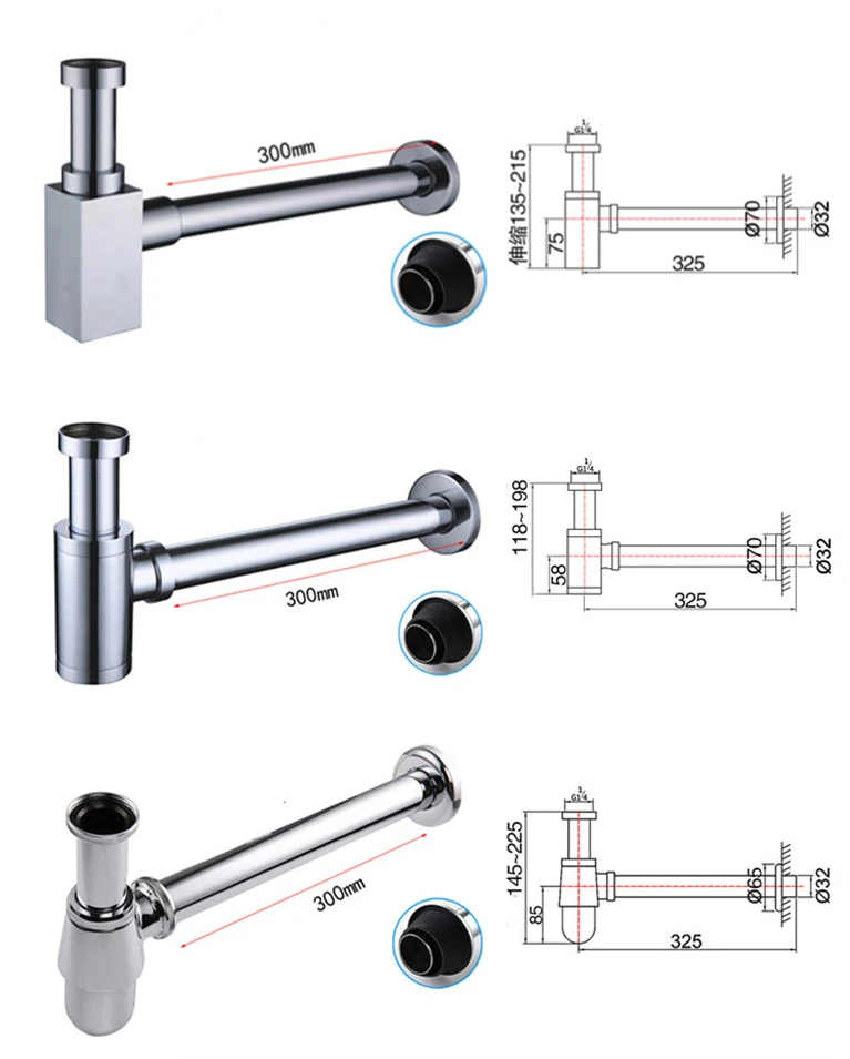 Drain Wall Extension For Basin Waste And Outlet Brass Wash Basin Siphon Waste Pipe Drain for sink Water drainage Bottle Trap Gol