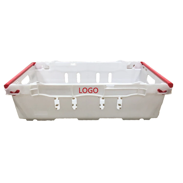 Stackable plastic boxes of fruits and vegetables for transporting mushrooms, grapes, etc. in supermarkets and farms