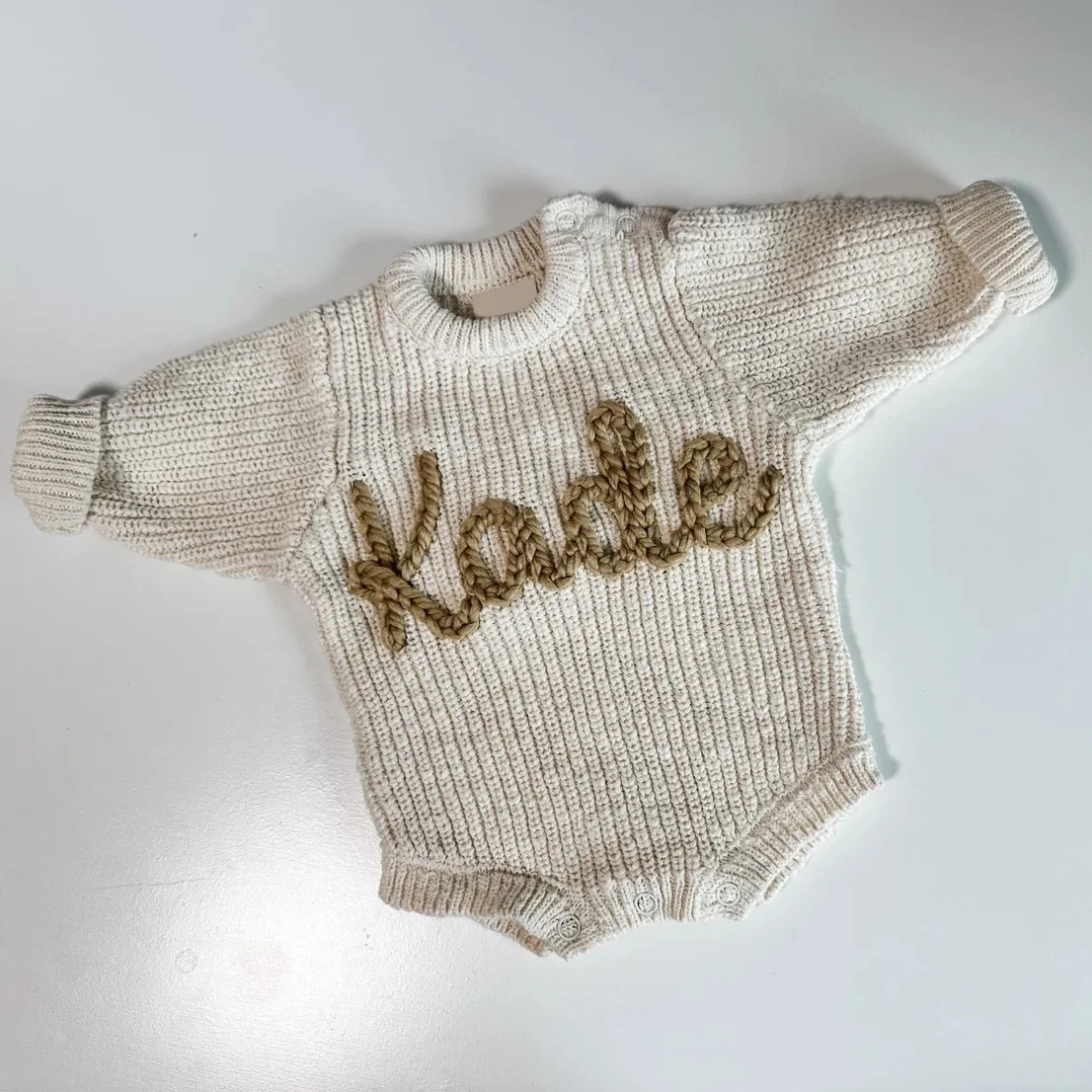 New Arrival 100% Cotton Custom Embroidery Name Kids Baby Knit Sweater Romper