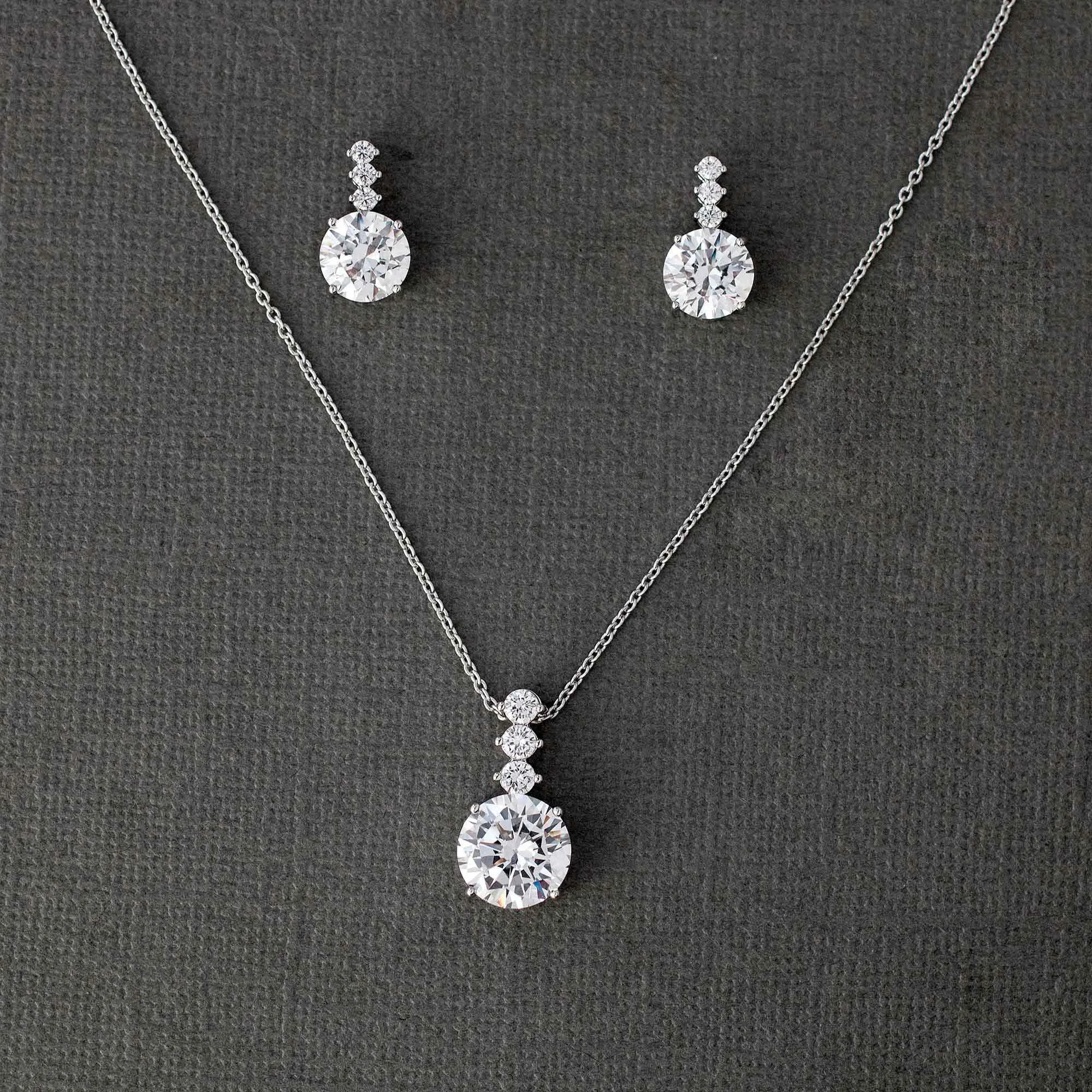 Women Girls Round CZ Jewel Zircon Pendant Necklace Earring Set