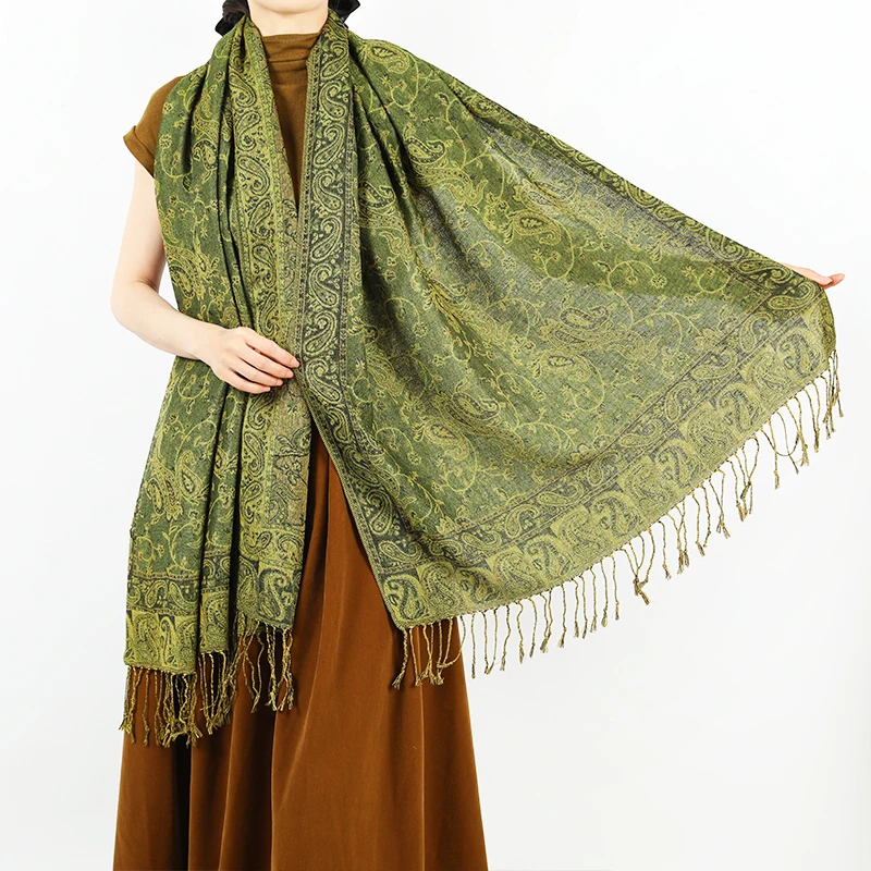 2024 Hot OEM Lady Paisley Fringe Nation Ethnic style Head towel Pashmina scarf maker Cashmere elegant jacquard Paisley shawl