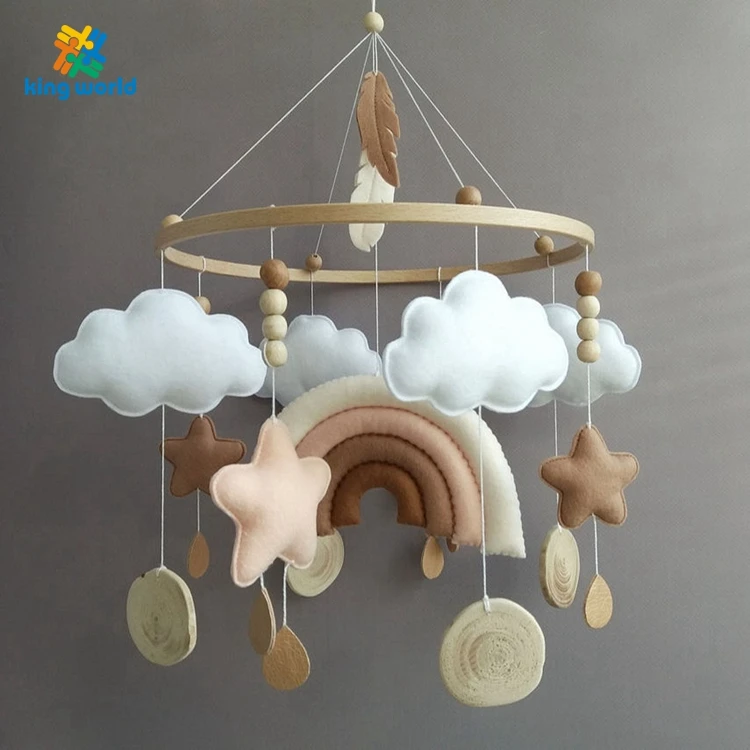 Wholesale Custom Quran Handmade Crib Cot Nursery Baby Mobiles Holz with Stuffed Rainbow Cloud Felt Hanging Decor for baby girls