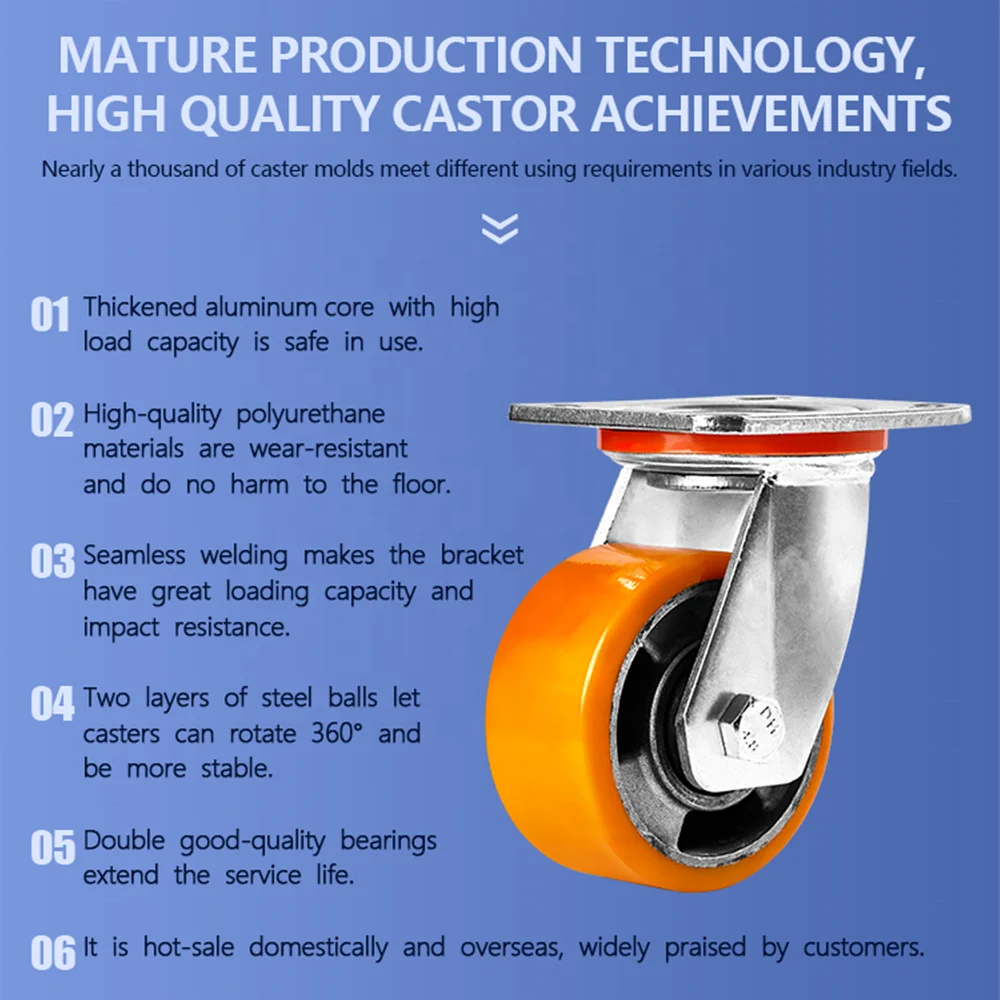 Industrial Caster Wheels 4 / 5 / 6 / 8 Inch Heavy Duty Aluminium PU Casters with Brake