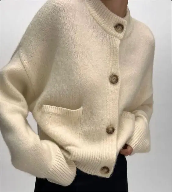 2025 Woman Knitwear Manufacturer Custom Elegant Button up Knitted Mock Neck Cropped Cardigan Sweater for Women