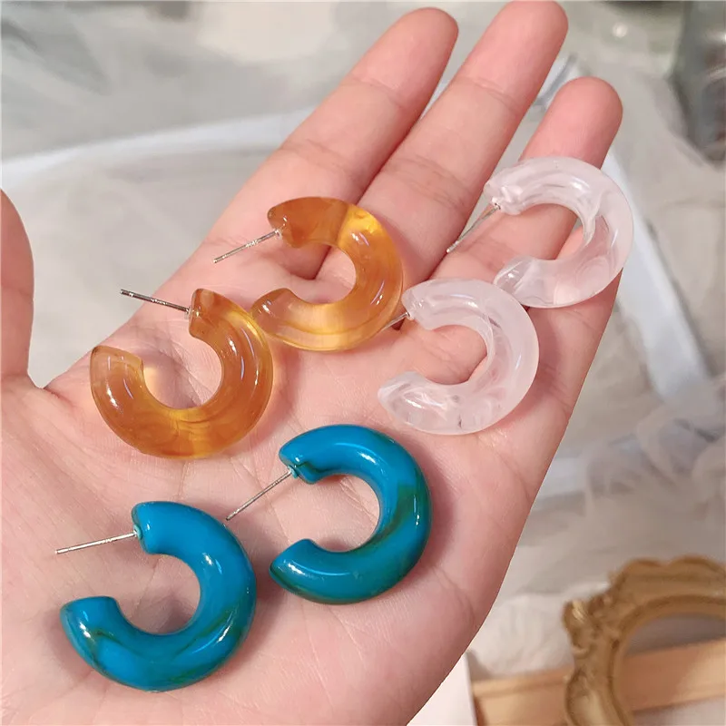 Exaggerated Candy Color C-shape Acetate Acrylic Resin Hoop Earrings 925 Silver Needle