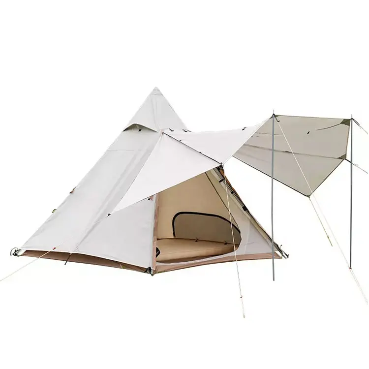 Camping Double layer waterproof pyramid tent luxury canvas tent with small canopy for families