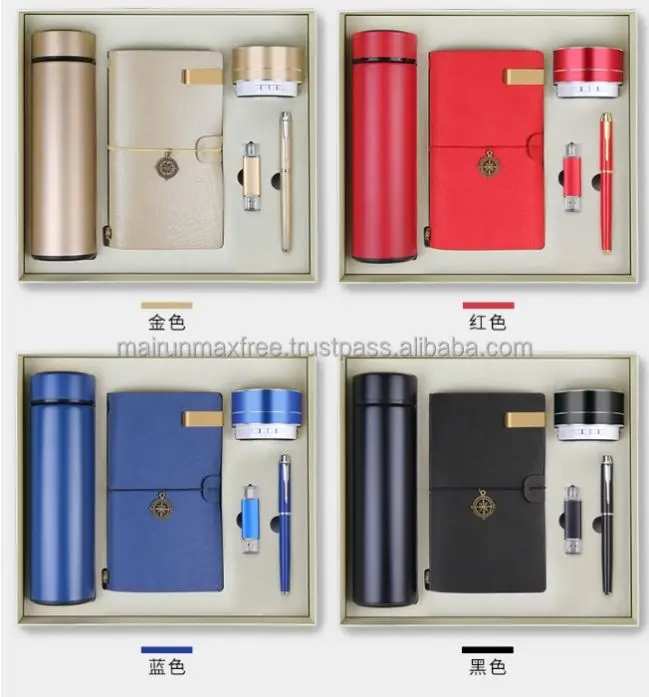 Without MOQ  2021 New Arrival A5 Notebook + vacuum flask + USB flash drive + pen + A5 notebook + speaker + power bank Gifts Set