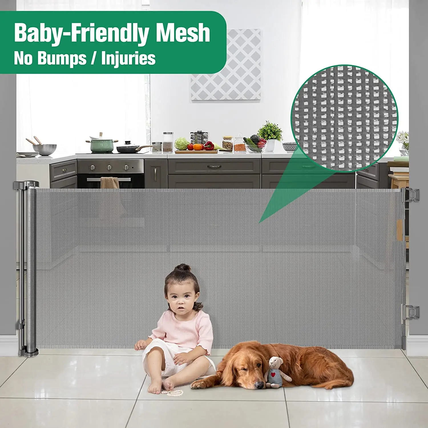 Retractable Dog Gate for Babies .Extra wide,easy to roll and latch. Suitable for doorways, indoor and outdoor.Safety guaranteed.