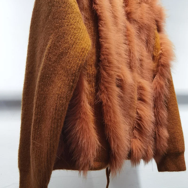 Women Autumn Real Fox Fur Trim Knitted Hooded Cardigans Female Long Sleeve Loose Sweater With Hood Plus Size Open Stitch