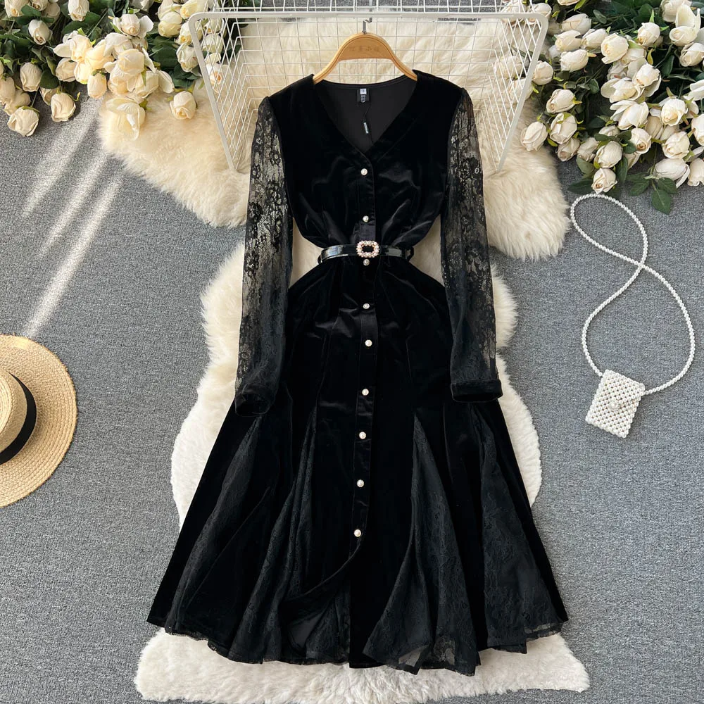 Wholesale 2022 Autumn New Style Light Mature Style Temperament Lace Up Single Breasted Lace Splice V-neck Velvet Dress