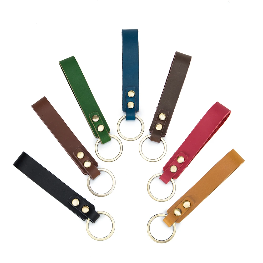 High Quality Split Leather Gold Plated Metal Key ring Real Leather Thin Key Chain