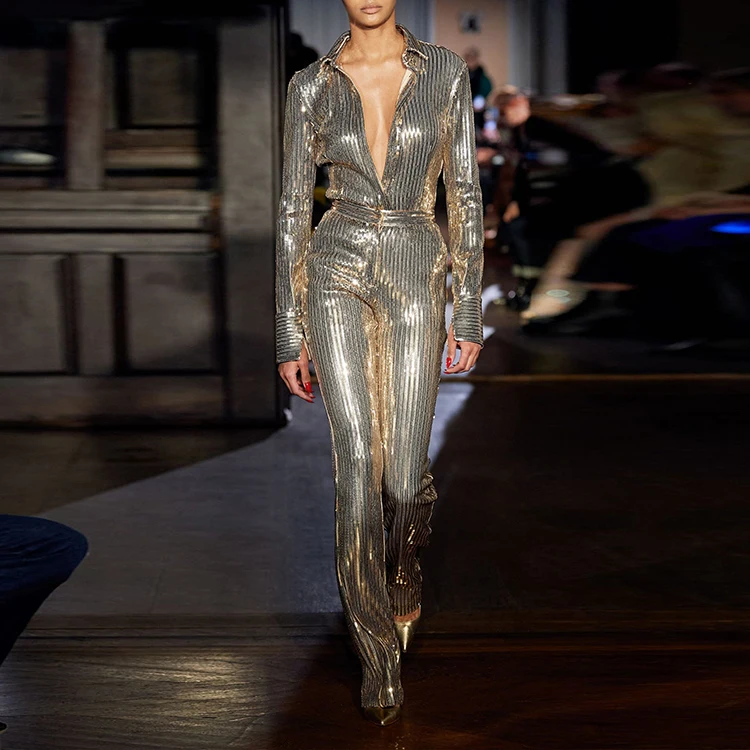 Custom Wholesale Women Sexy Fashion Long Sleeve Deep V Plugging Neck Sequin Lined Stretchy Blouse