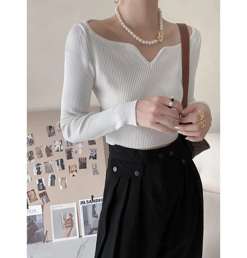 Fashionable Wide Collar Women Lady Tops Knitted Black Basic Sweaters Knitwear for Women