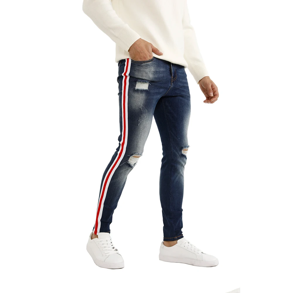 High Quality Stretchy Waistband Destroy Wash Blue Jeans Ripped Skinny Jeans Men