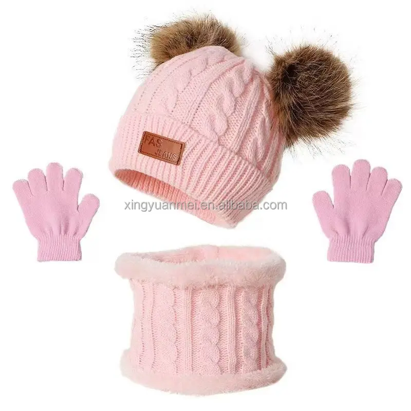 Beanies Baby Hat Pompom Winter Children Hat Knitted Cute Cap Scarf Gloves Suit For Girl Boy Casual Solid Color Hat Baby Beanies