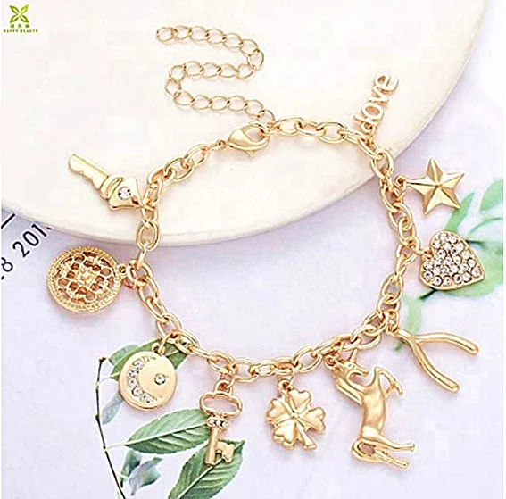 Newest western style alloy 18k gold plated zircon diy star and heart cute toddler charm bracelets