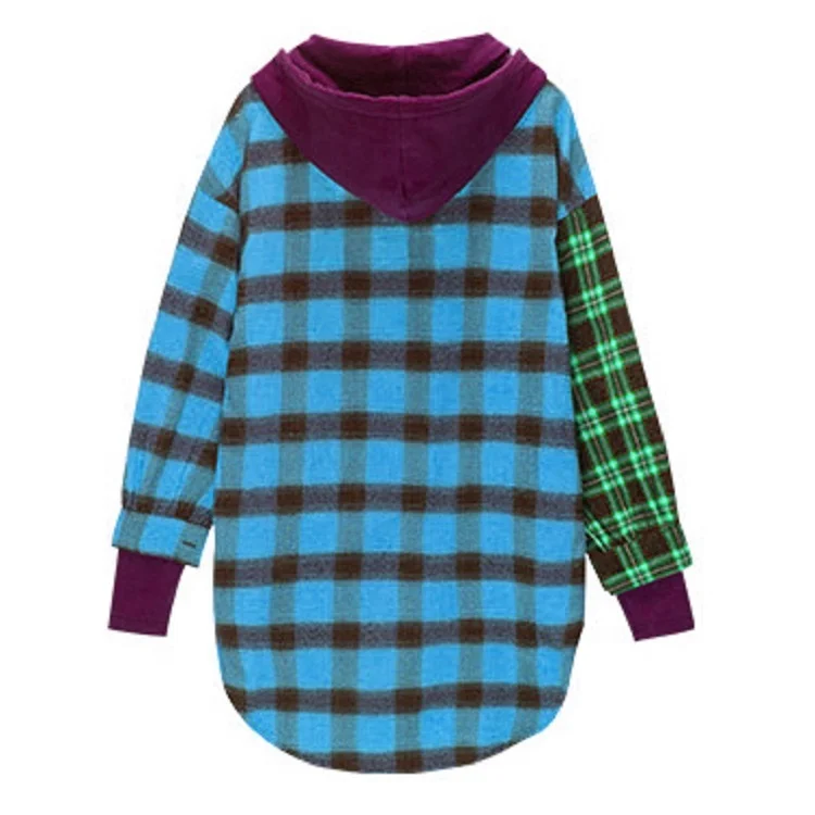Streetwear Custom Flannel Patchwork Color Block Long Sleeve Hooded Button Up Curve Hem Oversize Women Plaid Shirts with hood