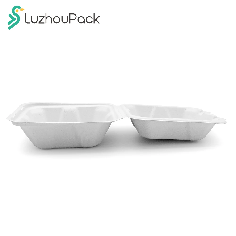 LuzhouPack Customizable OEM Take-Out Container Clamshell 6 x 6 inches Molded Fiber Bagasse to Go Food Box with Lock