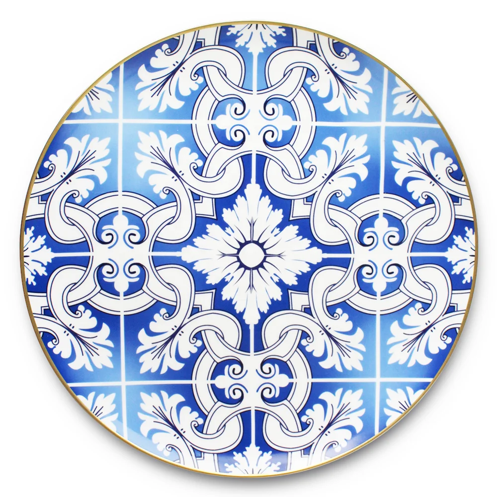 Wholesale gold rim bone china charger plates blue and white wedding design dinnerware sets