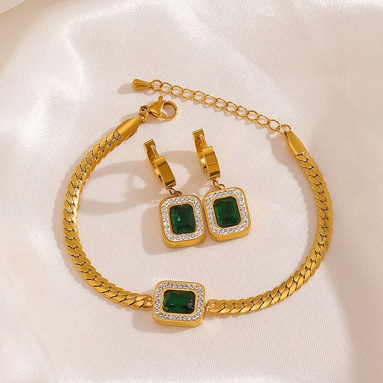 Vintage Mud Diamond Jewelry Sets 18K Gold Plated Stainless Steel Cuban Chain Square Emerald Zircon Inlay Bracelet Earring Sets