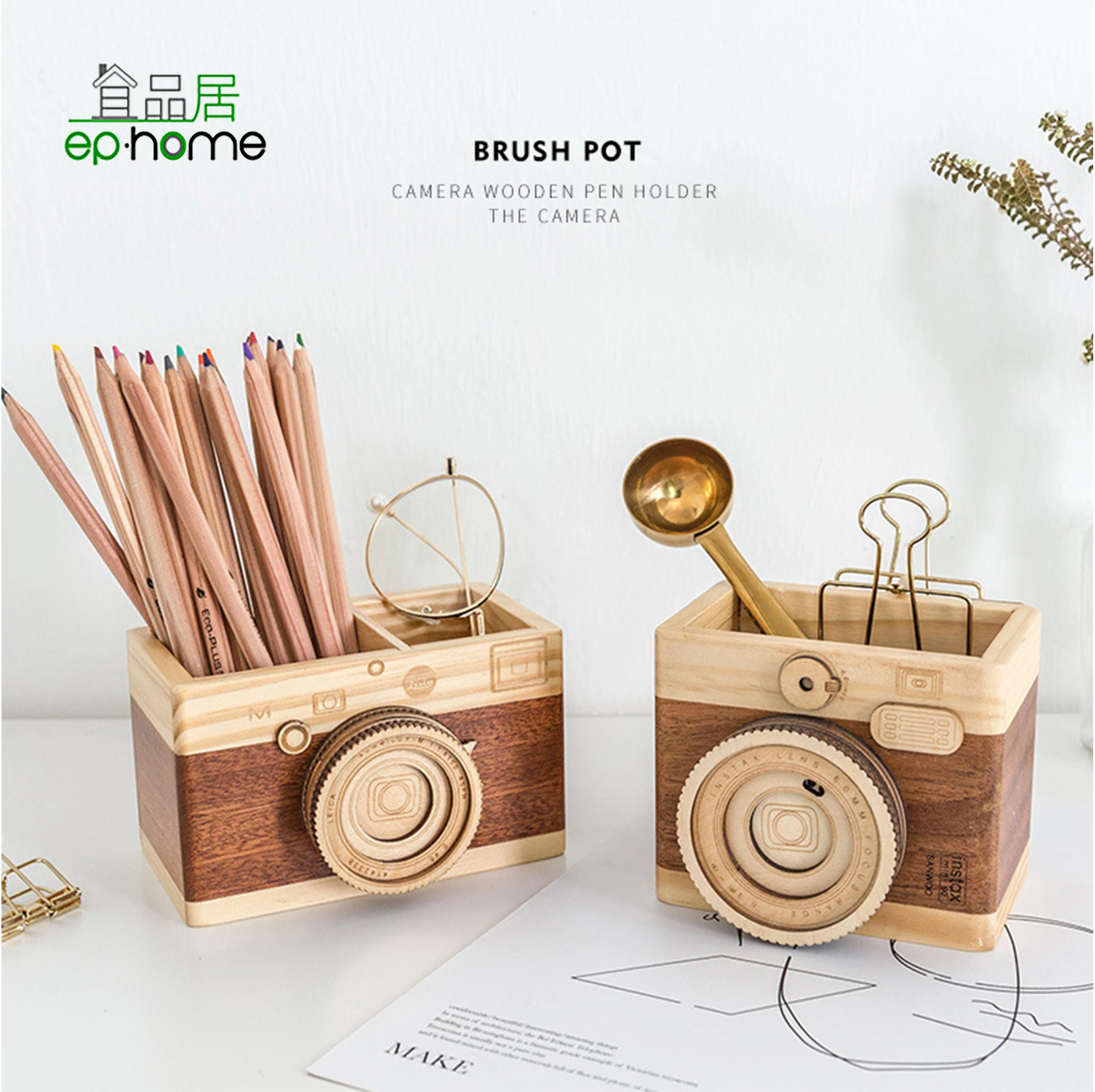 Vintage Camera Pen Holder,Creative Cute Desk Wooden Pencil Organizer Music Box Accessories for Office Home Decoration Gifts