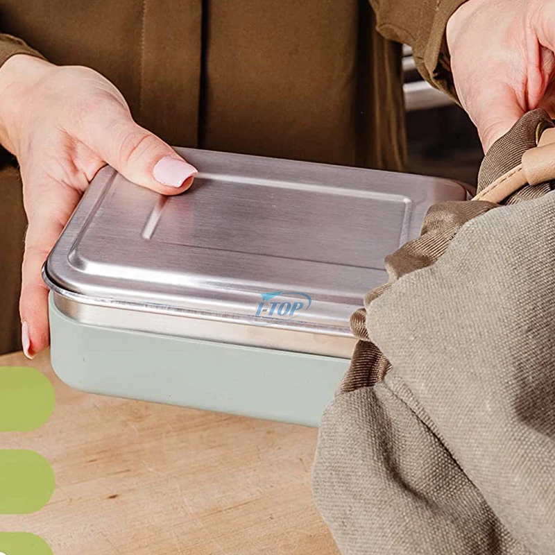 Custom Small Leakproof 304 Stainless Steel Food Containers for School Kids Rectangle Metal Lunch Boxes Bento with Silicone Lid