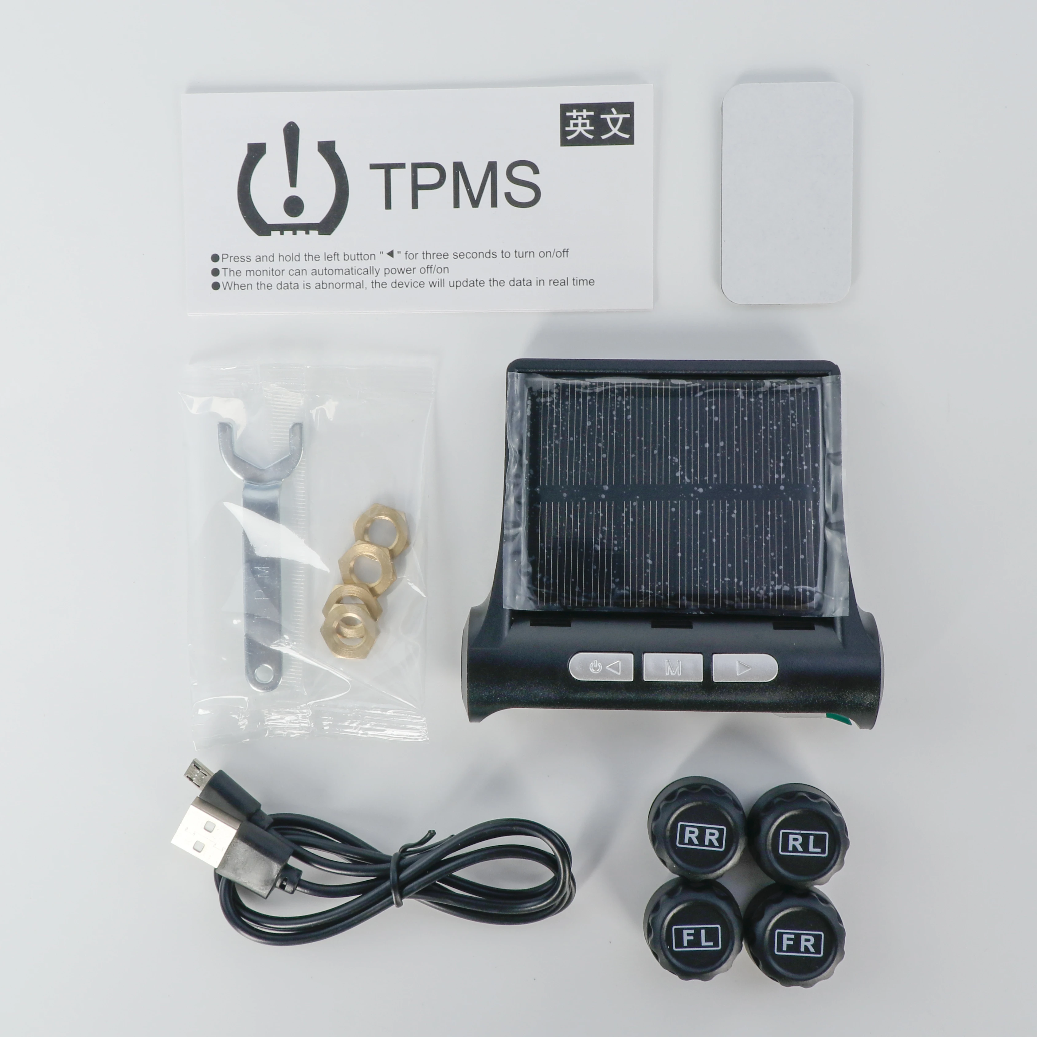 Factory Supply Solar Energy Charging Four Tyre Pressure Gauges External Sensors Tire Pressure Monitoring System for Cars